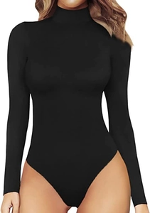 Detail shot of black mock neck bodysuit showing slim fit design and stretchy fabric