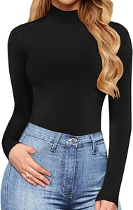 Close-up of black slim fit turtleneck bodysuit with premium elastic fabric texture