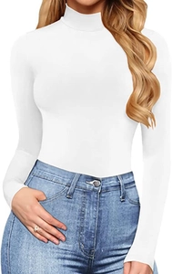 Close-up detail of white long-sleeve mock neck bodysuit with slim fit and elastic fabric