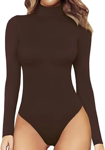 Detail of a slim-fit long sleeve bodysuit in deep chocolate brown with a high crew neck