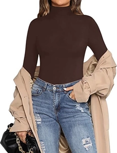 Detail of slim fit dark brown turtleneck bodysuit paired with beige trench coat