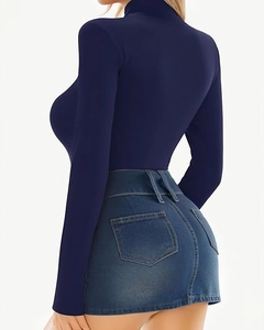 Slim fit navy long sleeve bodysuit paired with washed denim mini skirt back view