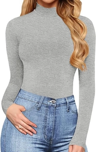 Macro detail of heather grey knitted bodysuit with high neck and slim fit texture