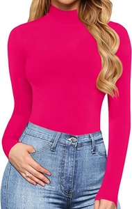 Detail of slim fit magenta high neck long sleeve bodysuit and light blue denim jeans