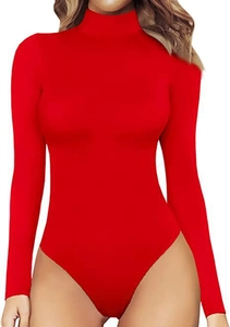 Detail of red slim fit turtleneck bodysuit with long sleeves and stretch fabric finish