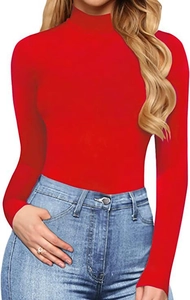 Close-up of a red slim-fit bodysuit with a high neck and long sleeves on a model