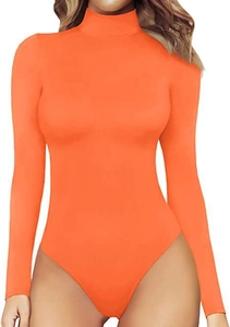 Close-up of bright orange long sleeve mock neck bodysuit with slim fit knit texture
