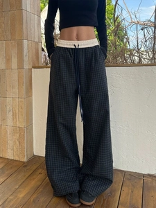 Damen Karo Weites Bein Freizeithose Locker Kontrast Kordelzug Taille Sommer Streetwear Geruit Gerade Hose Outdoor Täglich Wear