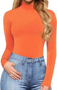 Detail of bright orange long sleeve bodysuit featuring a slim fit and mock neck design