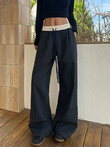 Damen Karo-Hose mit weitem Bein, Kontrastbund und Kordelzug für den entspannten Look