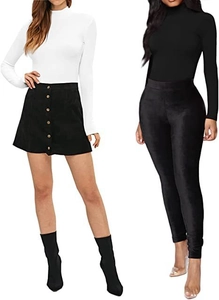 Detail view of white and black slim fit mock neck long sleeve bodysuits on models