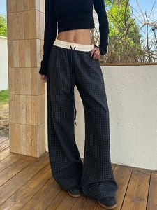 Dunkelblaue karierte Damen-Hose mit weitem Bein, gelbem Gitter und elastischem Bund