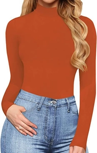 Detail of slim-fit orange turtleneck bodysuit for women with long sleeves and elastic fabric