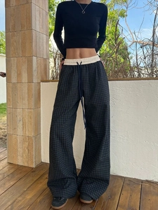 Karierte Hose mit hoher Taille und Kordelzug für einen lässigen Sommer-Look im weiten Bein