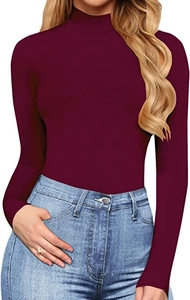 Detailed view of women's burgundy slim fit long sleeve turtleneck bodysuit in knit fabric