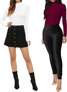 Detail showing white and burgundy long sleeve ribbed bodysuits with slim fit necklines