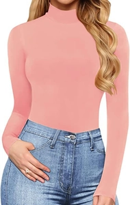 Detail of coral pink mock neck bodysuit featuring slim fit knit fabric and long sleeves