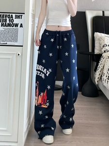 Pantaloni jogger blu scuro larghi con stelle bianche e grafica fairy stile streetwear