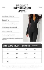 Size chart for black long sleeve zipper bodysuit showing bust and length measurements