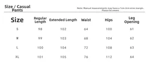 Detailed size chart for women's casual wide leg trousers with waist and hip measurements