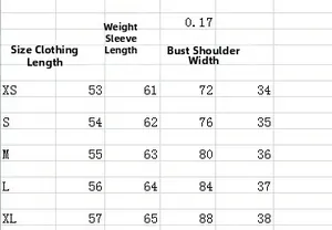 Detailed size chart for slim fit long sleeve top showing XS-XL measurements and weight