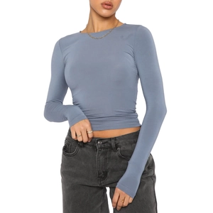 Slim fit long sleeve round neck T-shirt for women in dusty blue cotton fabric