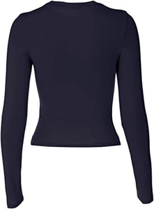 Close-up of a slim fit long sleeve navy blue round neck t-shirt with smooth fabric texture