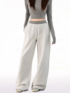 Women's grey two-piece set with cropped long sleeve top and wide-leg drawstring sweatpants