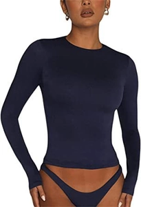 Detail of slim-fit navy blue long sleeve bodysuit with soft high-elasticity fabric