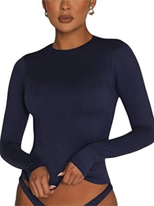 Detailed view of dark blue long-sleeve slim fit bodysuit with a smooth round neckline
