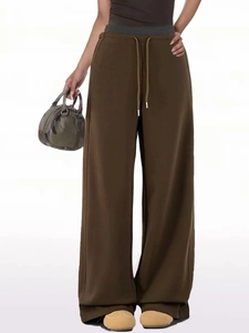 Women's casual high-waisted brown wide-leg drawstring sweatpants in a relaxed straight fit