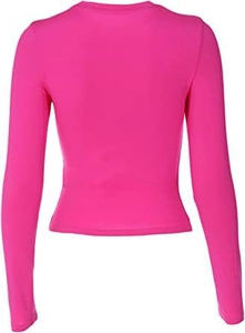 Detailed back view of a slim fit long sleeve t-shirt in vibrant hot pink color