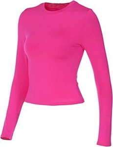 Detailed close-up of hot pink slim-fit long-sleeve tee featuring a classic crew neck design