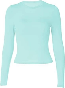 Detailed close-up of light blue long sleeve cropped T-shirt with high neck ribbing