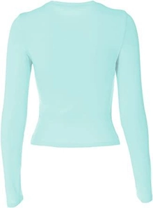 Close-up of mint green slim fit long sleeve top with round neck and ribbed knit texture