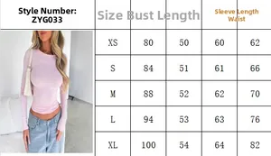 Size chart for slim long sleeve top showing bust and length measurements from XS to XL