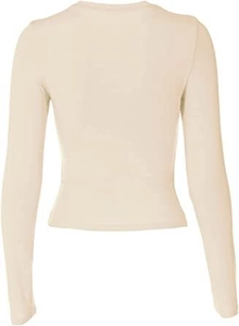 Detail view of the beige slim fit long sleeve top showing the back stitching and fabric