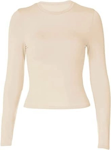 Close-up detail of the crew neck and premium ribbed fabric on this slim fit long sleeve top
