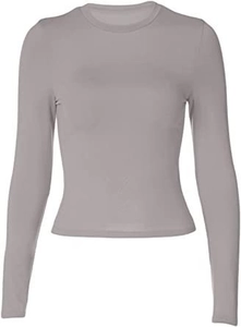 Detailed view of grey long sleeve crewneck crop top with slim fit and elastic fabric