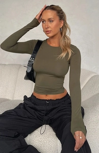 Detail view of olive green slim fit long sleeve top with soft high-elastic fabric