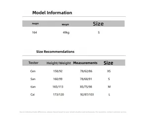 Detailed size guide table with model measurements and fit recommendations for women's t-shirts