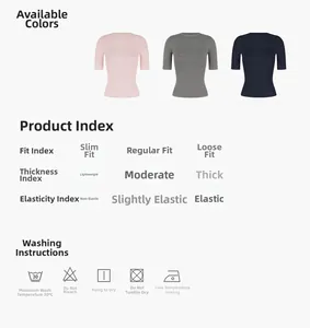 Pink, grey, and navy slim fit T-shirts with detailed washing care and fabric guide