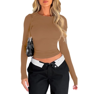 Detail of slim fit brown long sleeve crop top with a classic round neck for women