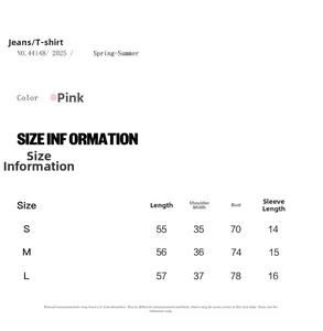 Size chart for women's pink slim fit short sleeve T-shirt with precise measurements