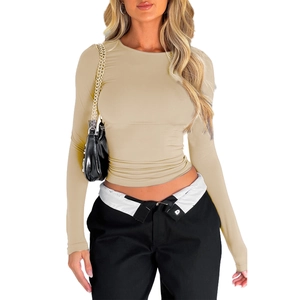 Detail of slim fit long sleeve khaki t-shirt with high elasticity fabric on model