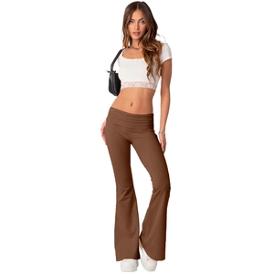 Women's brown low-waist flare yoga pants with fold-over waistband for a slim fit