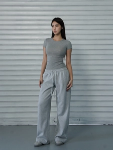 Women's two-piece casual sports set featuring grey slim t-shirt and wide leg drawstring pants