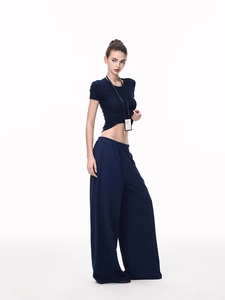 Slim fit navy blue short sleeve T-shirt and high waist wide leg lounge pants set
