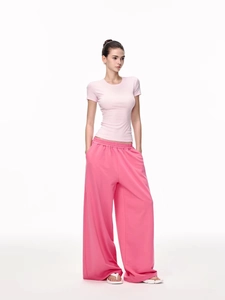 Women's casual baby pink slim T-shirt and high waist wide leg pants set with a modern fit
