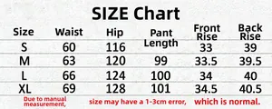Detailed size chart for wide leg trousers including waist, hip, and pant length in cm